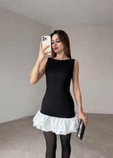 Ruffle Hem Mini Dress – Classic Black and White Contrast Dress